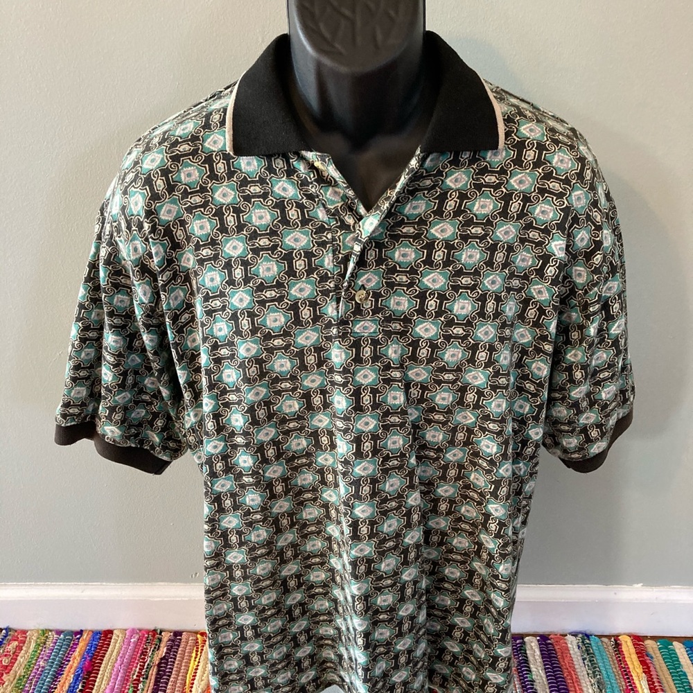 80s Geometric Polo Shirt All Over Print Blue Large